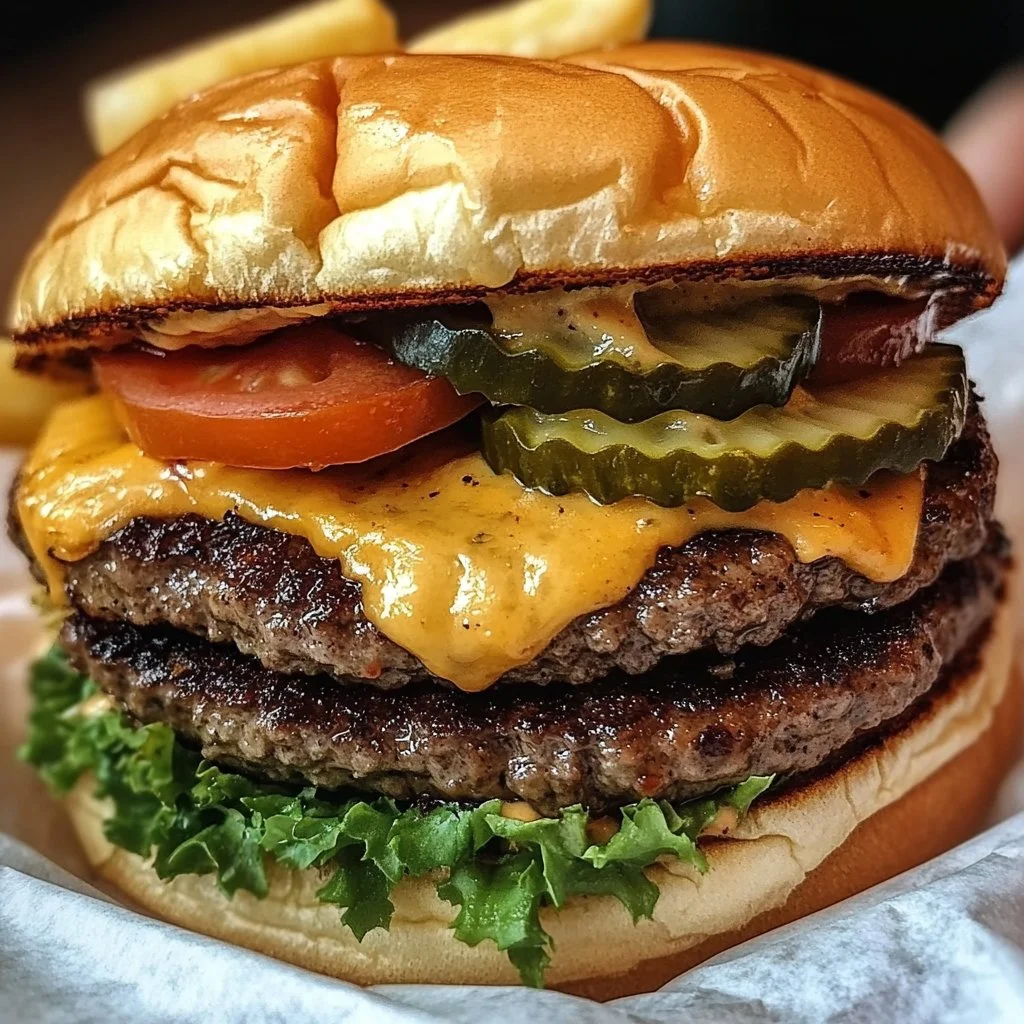 Garlic Double Steakburger from Steak and Shake, deliciously grilled beef patties with garlic flavor.