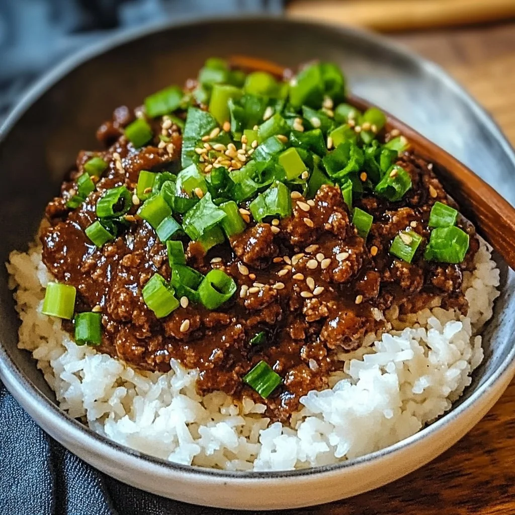 Plate of sticky ginger beef mince garnished with fresh herbs