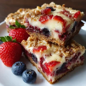Strawberry and blueberry oatmeal cheesecake cookie bars on a wooden table