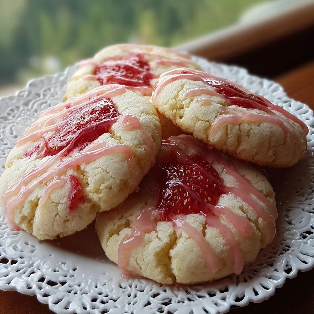 Delicious strawberry cheesecake cookies with a creamy filling and strawberry topping