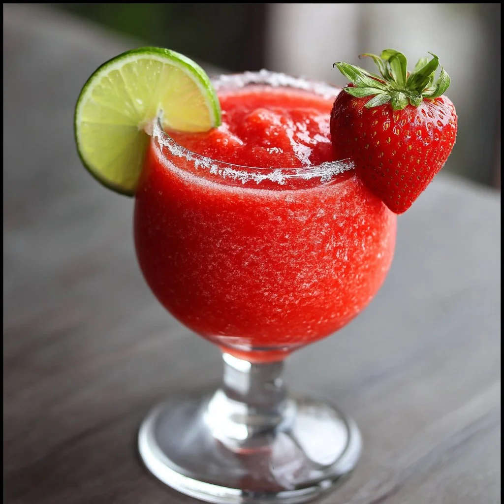 Delicious Strawberry Daiquiri served in a glass with fresh strawberries