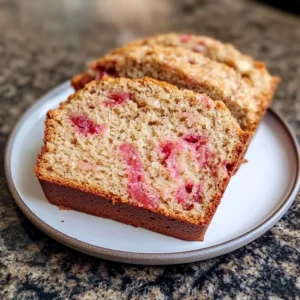 Freshly baked strawberry rhubarb bread in a rustic setting