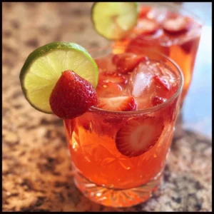 Delicious Strawberry Rum Punch served in a cocktail glass with fresh strawberries.
