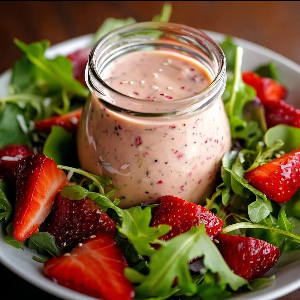 Homemade strawberry salad dressing served on a fresh garden salad with lettuce and strawberries.
