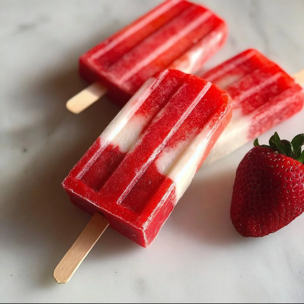 Delicious homemade Strawberry Yogurt Popsicles on a sunny day