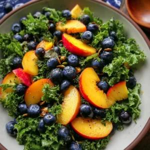 Summer peach blueberry kale salad with fresh ingredients and vibrant colors