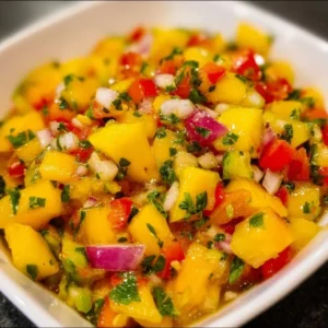 Fresh mango salsa with colorful ingredients served in a bowl