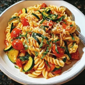 Delicious bowl of Tomato Zucchini Pasta with fresh herbs and vegetables