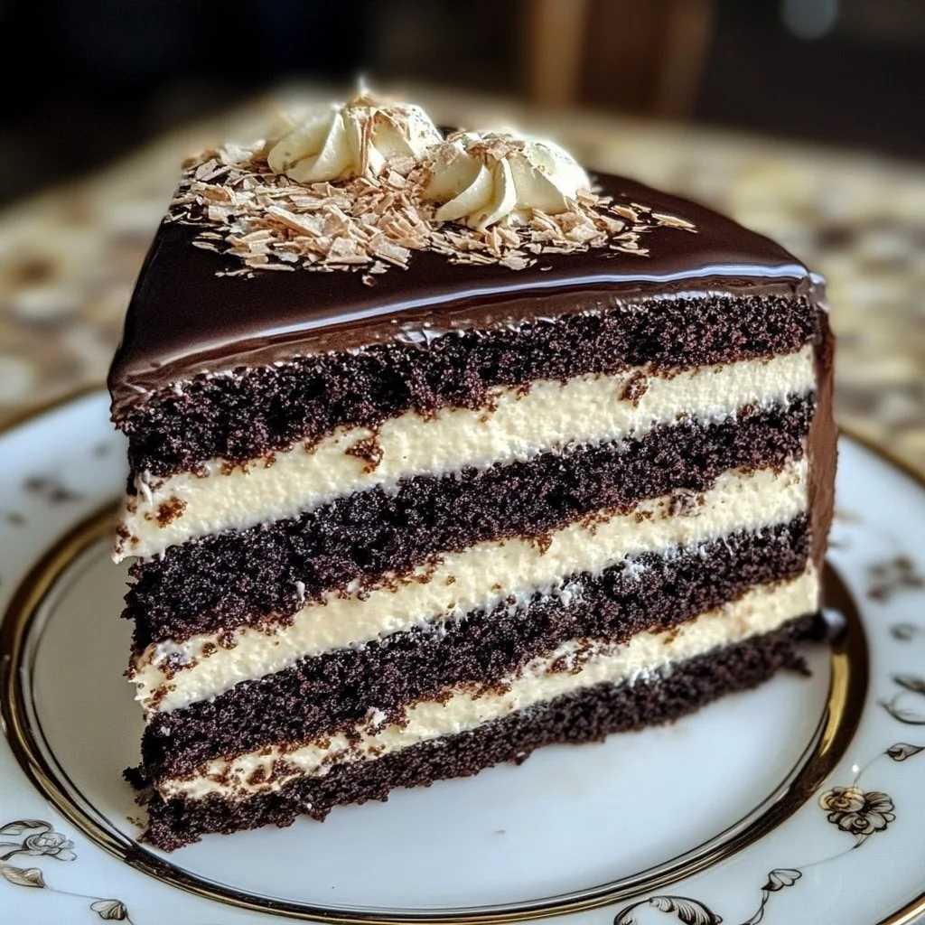Delicious Tuxedo Cake with chocolate and vanilla layers