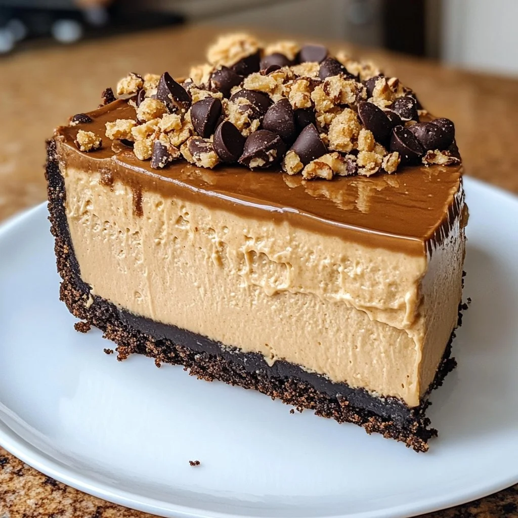 Slice of Ultimate Peanut Butter Cheesecake topped with chocolate drizzle