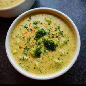 Bowl of creamy vegan broccoli soup topped with fresh herbs and spices