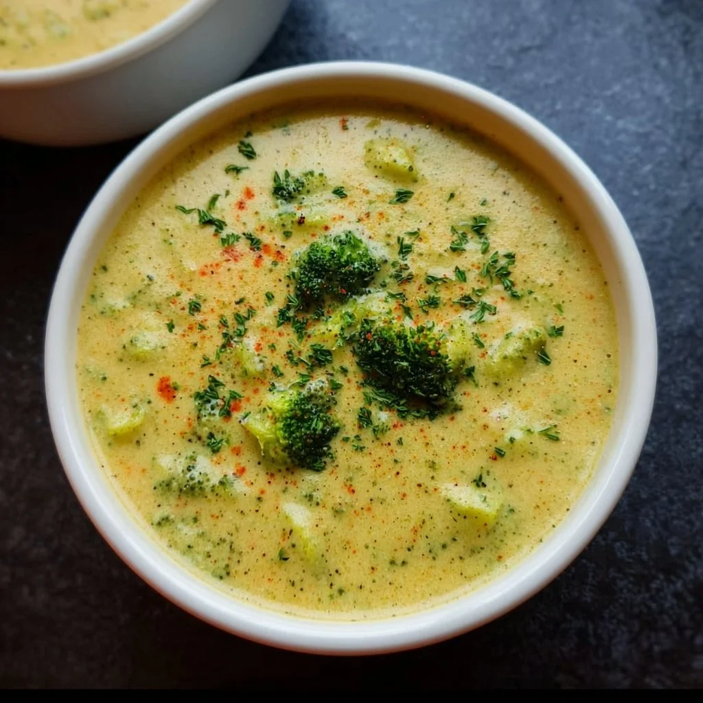 Bowl of creamy vegan broccoli soup topped with fresh herbs and spices