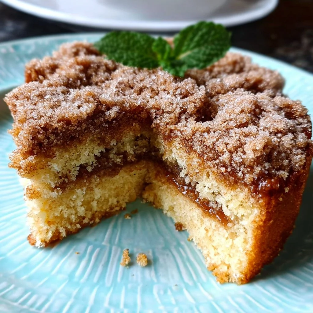 Delicious Vegan Coffee Cake on a wooden table with coffee cup