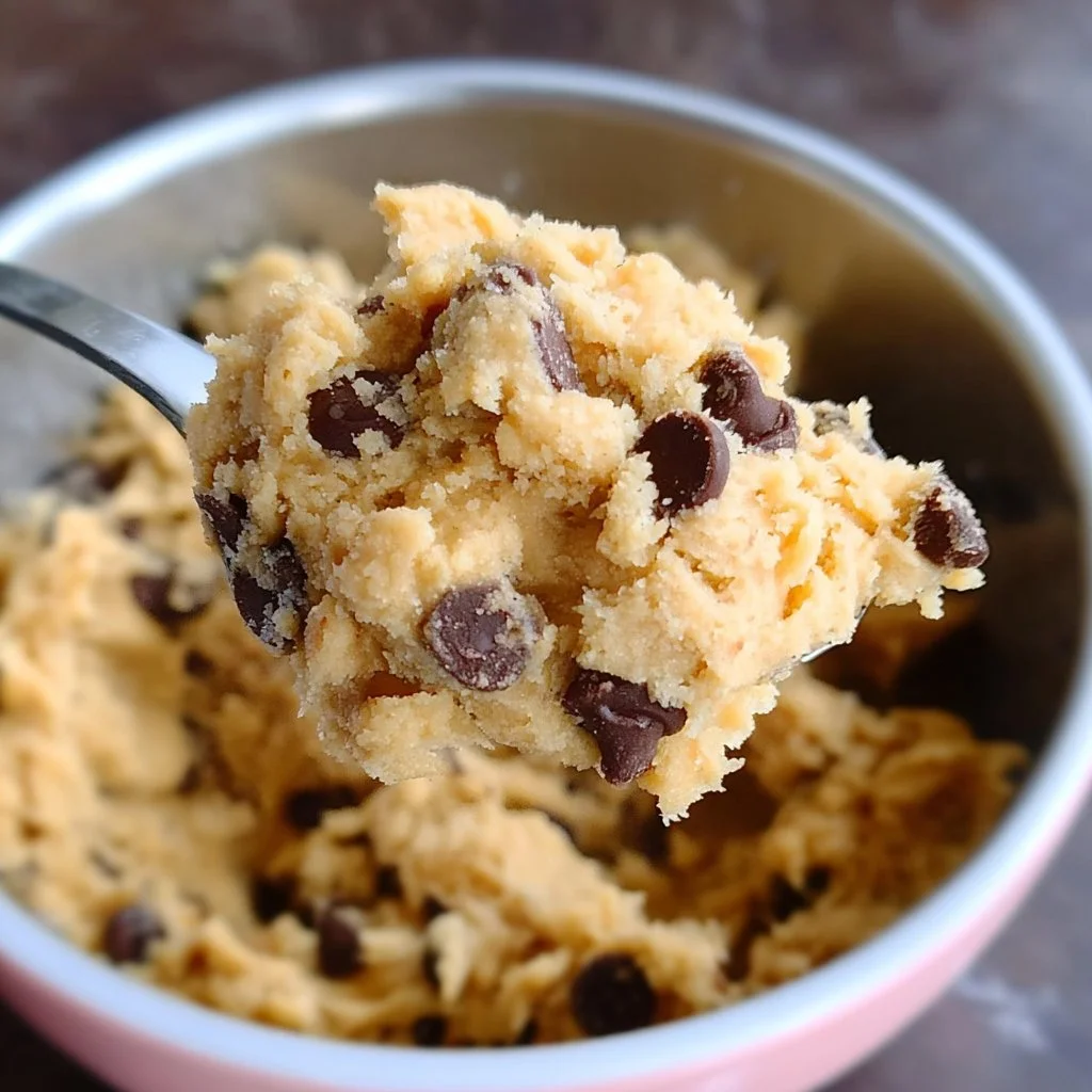 Delicious bowl of vegan cookie dough with chocolate chips and nuts