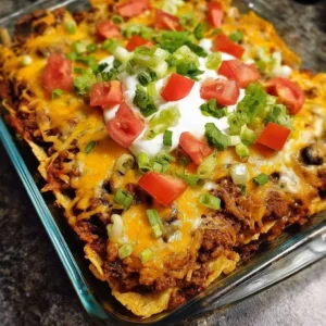 Delicious Walking Taco Casserole served in a dish topped with cheese and toppings.