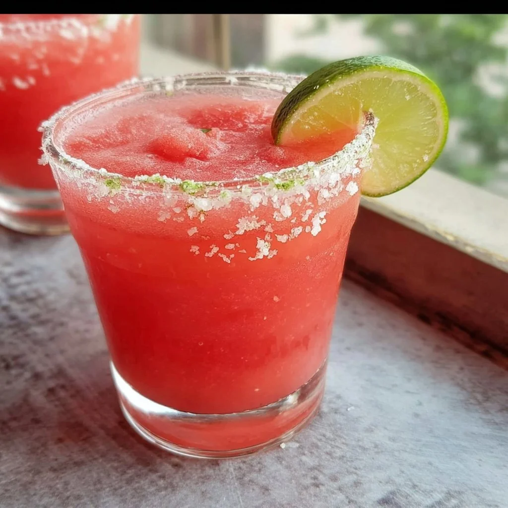 Refreshing Watermelon Margarita served in a chilled glass with lime slices
