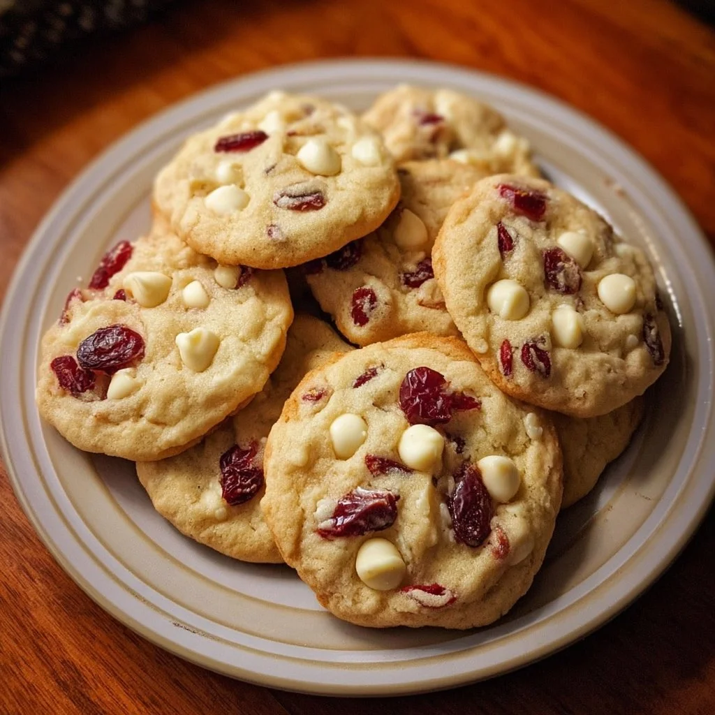 Freshly baked white chocolate cranberry cookies on a plate