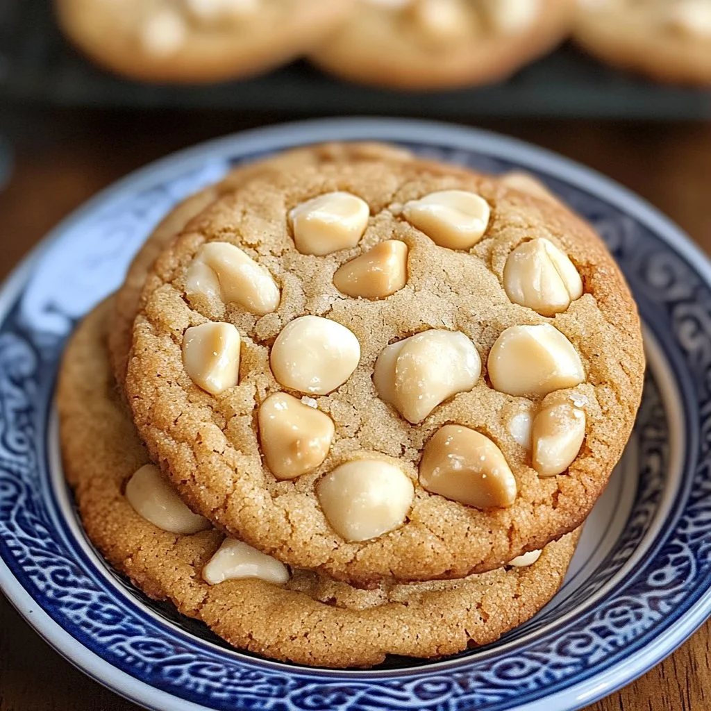 Freshly baked white chocolate macadamia nut cookies on a cooling rack.