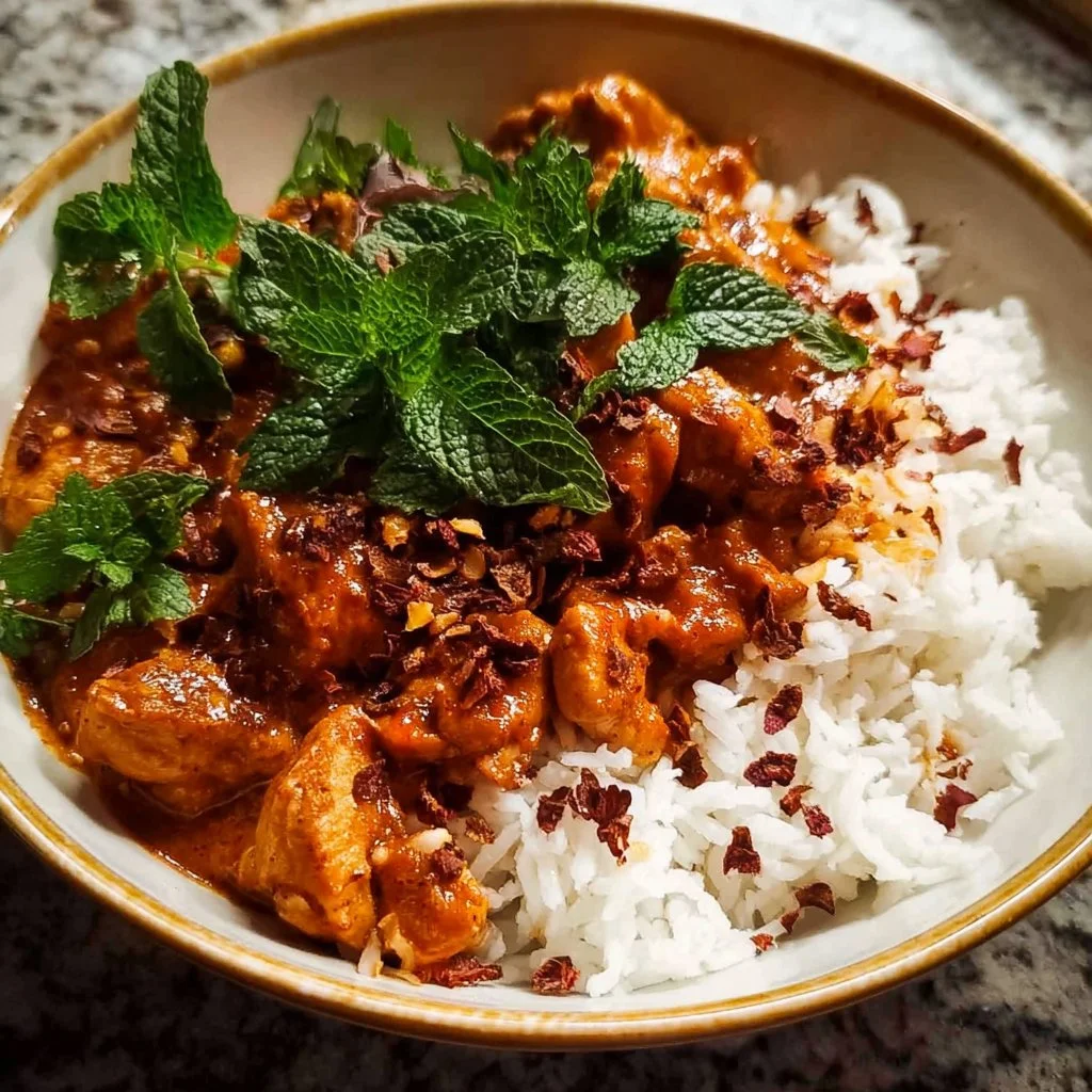 30 Minute Harissa Butter Chicken served with rice and garnished with herbs