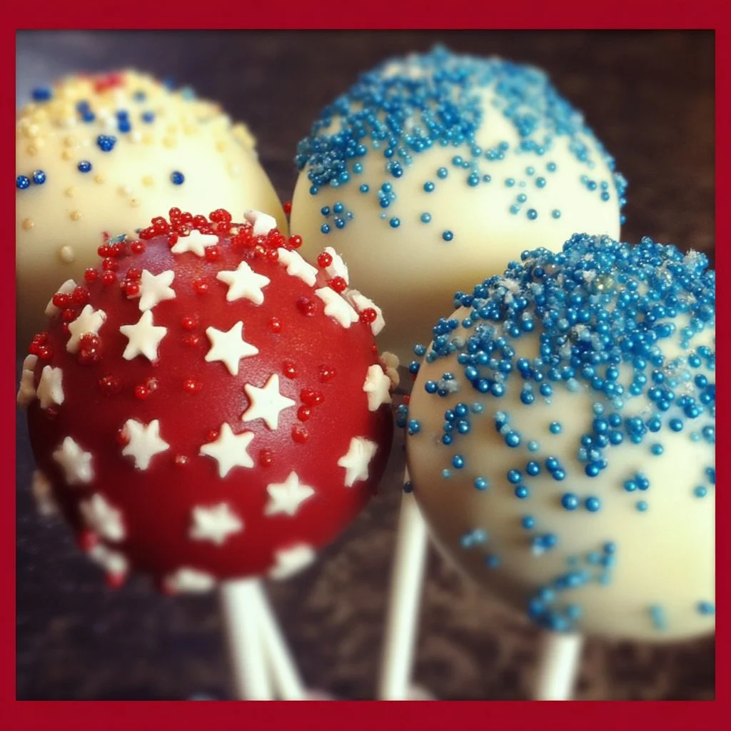 4th of July themed cake pops decorated in red, white, and blue.