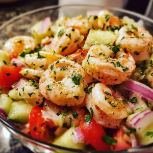 Delicious shrimp salad with fresh vegetables and a zesty dressing