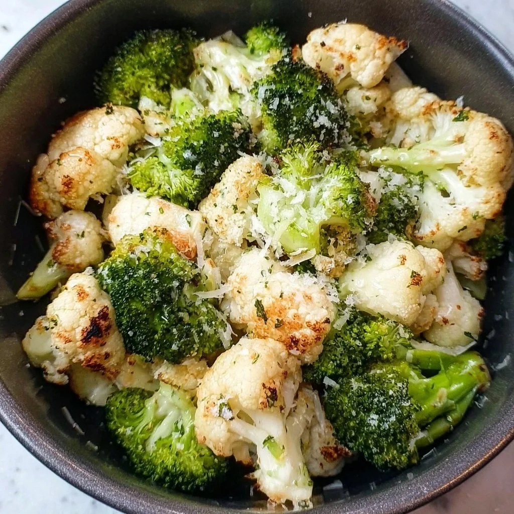 Crispy air fryer broccoli and cauliflower topped with Parmesan cheese