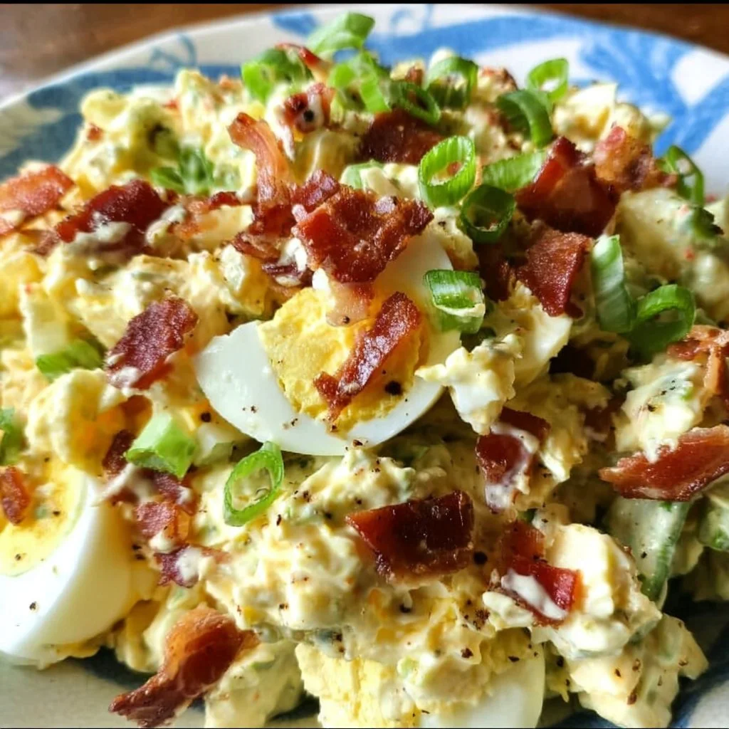 Bacon Ranch Egg Salad in a bowl with fresh herbs and crispy bacon pieces
