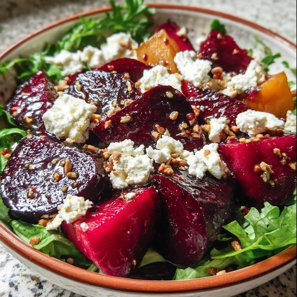 Balsamic roasted beet salad with greens and feta cheese garnished with walnuts.