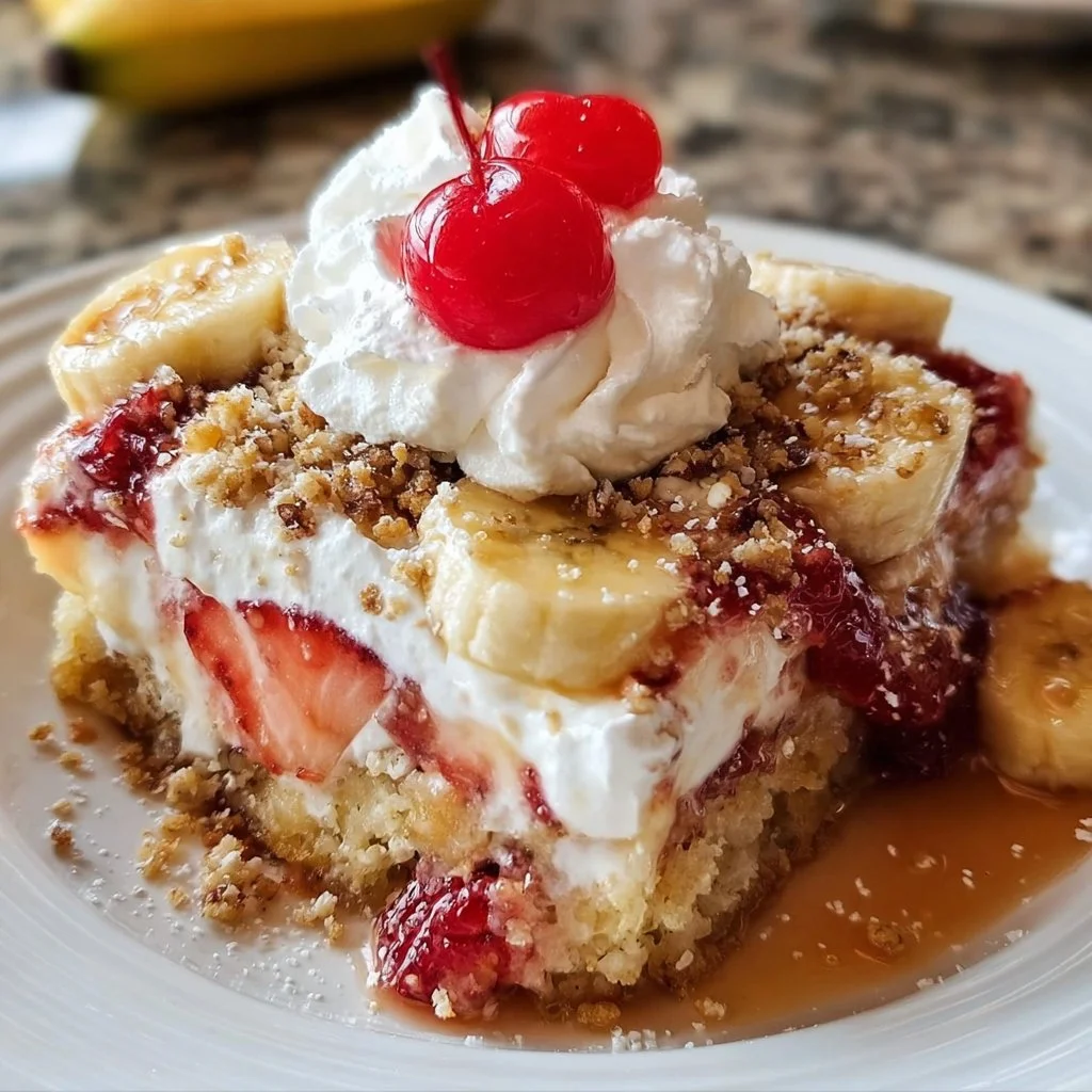 Delicious Banana Split Dump Cake topped with whipped cream and cherries