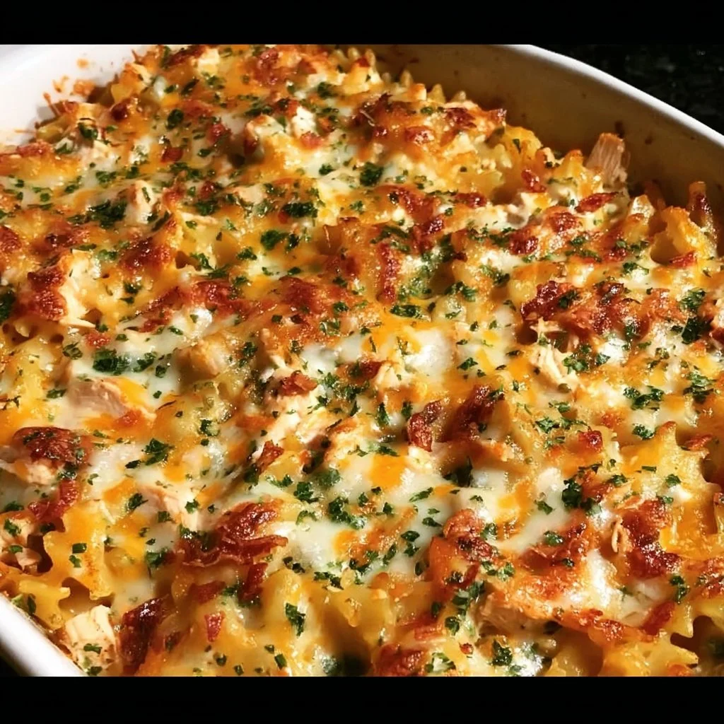 BBQ Ranch Chicken Casserole topped with melted cheese and garnished with parsley