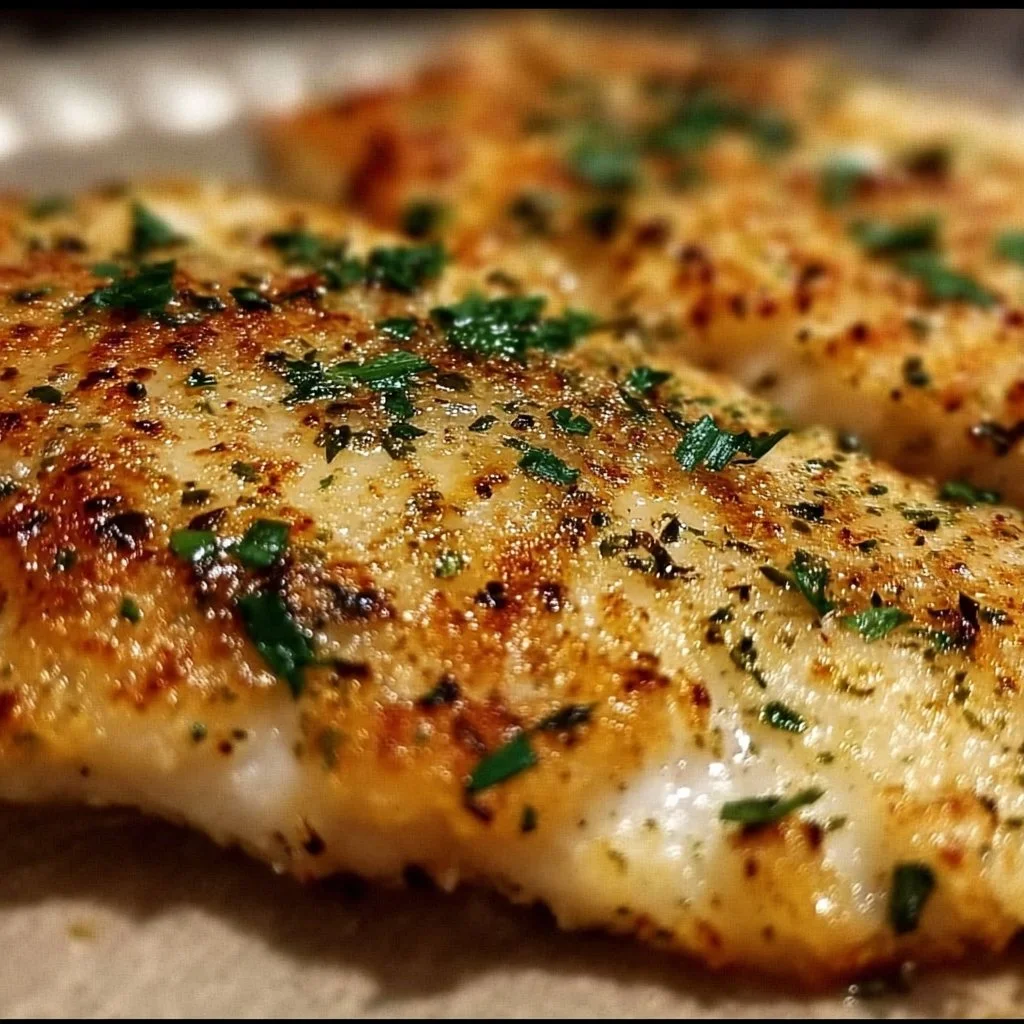 Delicious Garlic Parmesan Flounder served with a side of vegetables