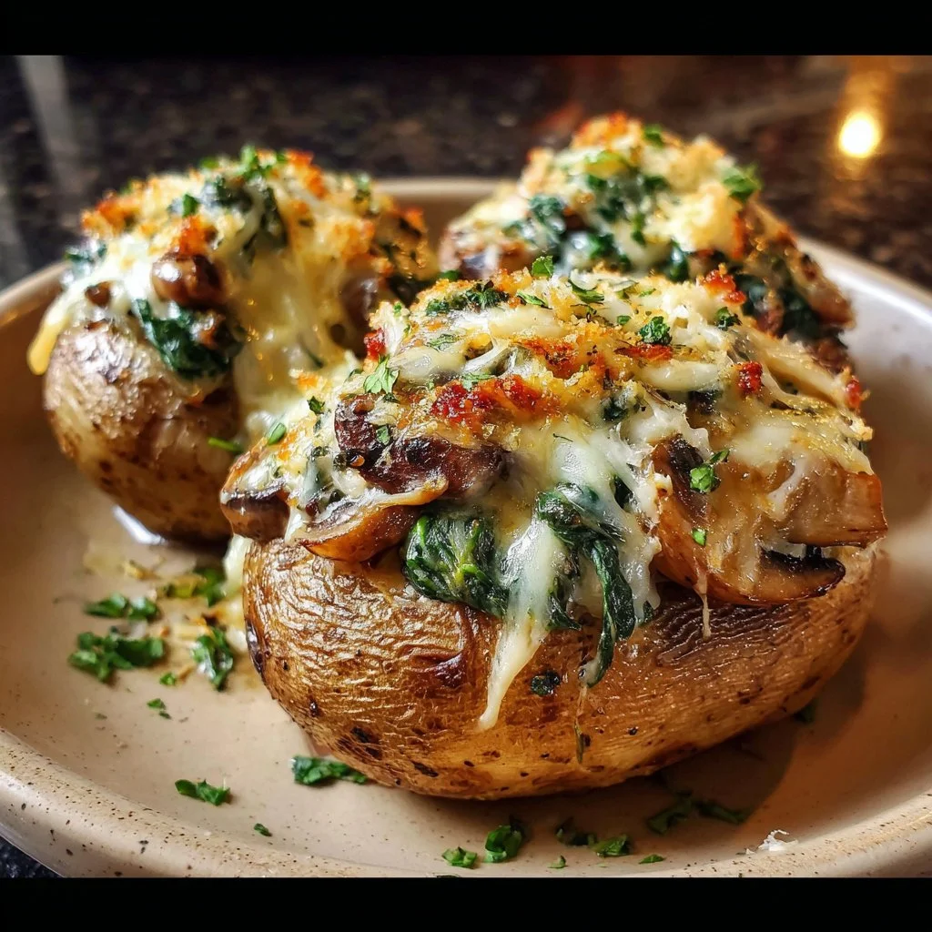 Delicious mushroom stuffed potatoes with spinach and cheese, baked to perfection.