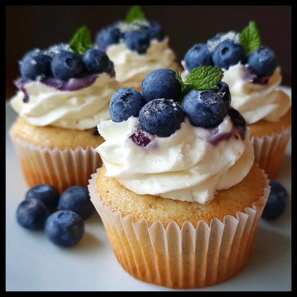 Delicious blueberries and cream cupcakes topped with fresh blueberries