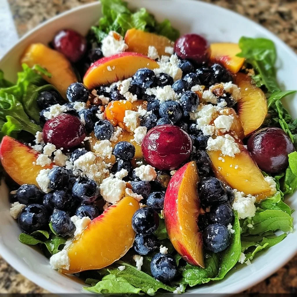 Delicious Blueberry Peach Feta Salad with fresh fruits and feta cheese