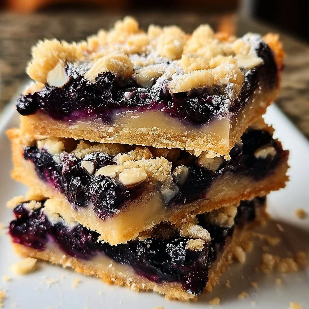 Delicious blueberry pie cookie bars ready to serve with fresh blueberries on top.