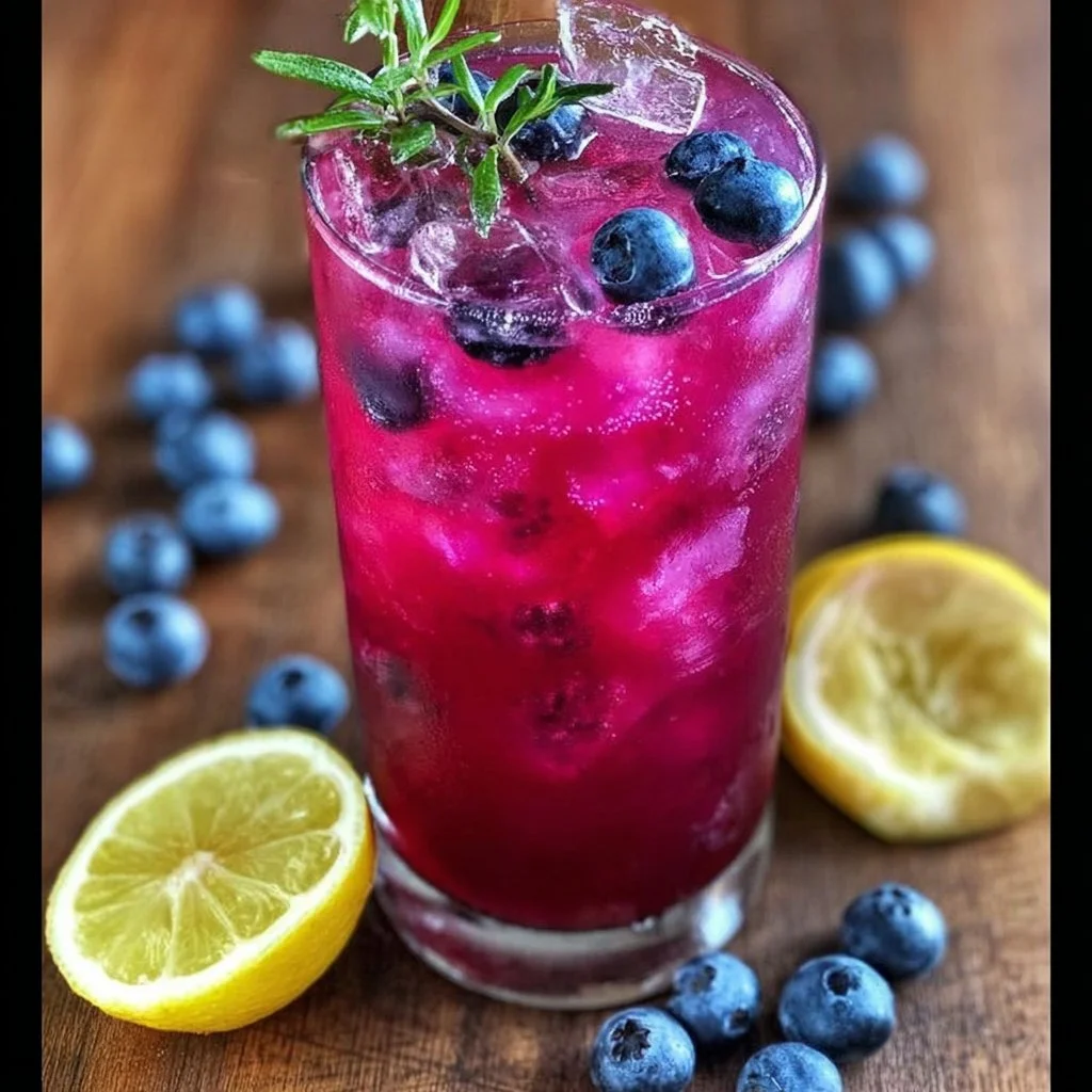 Glass of blueberry tea lemonade with fresh blueberries and lemon slices