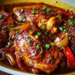 Delicious Braised Catalina Chicken served on a white plate with herbs
