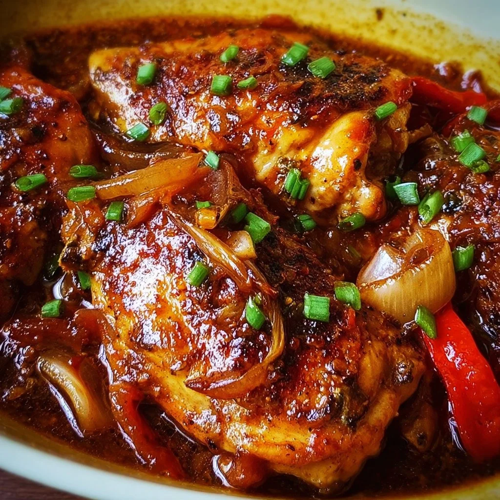 Delicious Braised Catalina Chicken served on a white plate with herbs