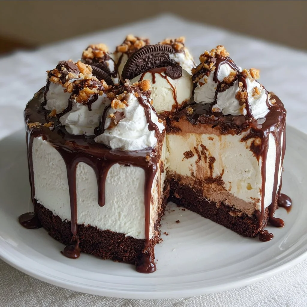 Delicious brownie ice cream cake with layers of chocolate and vanilla ice cream