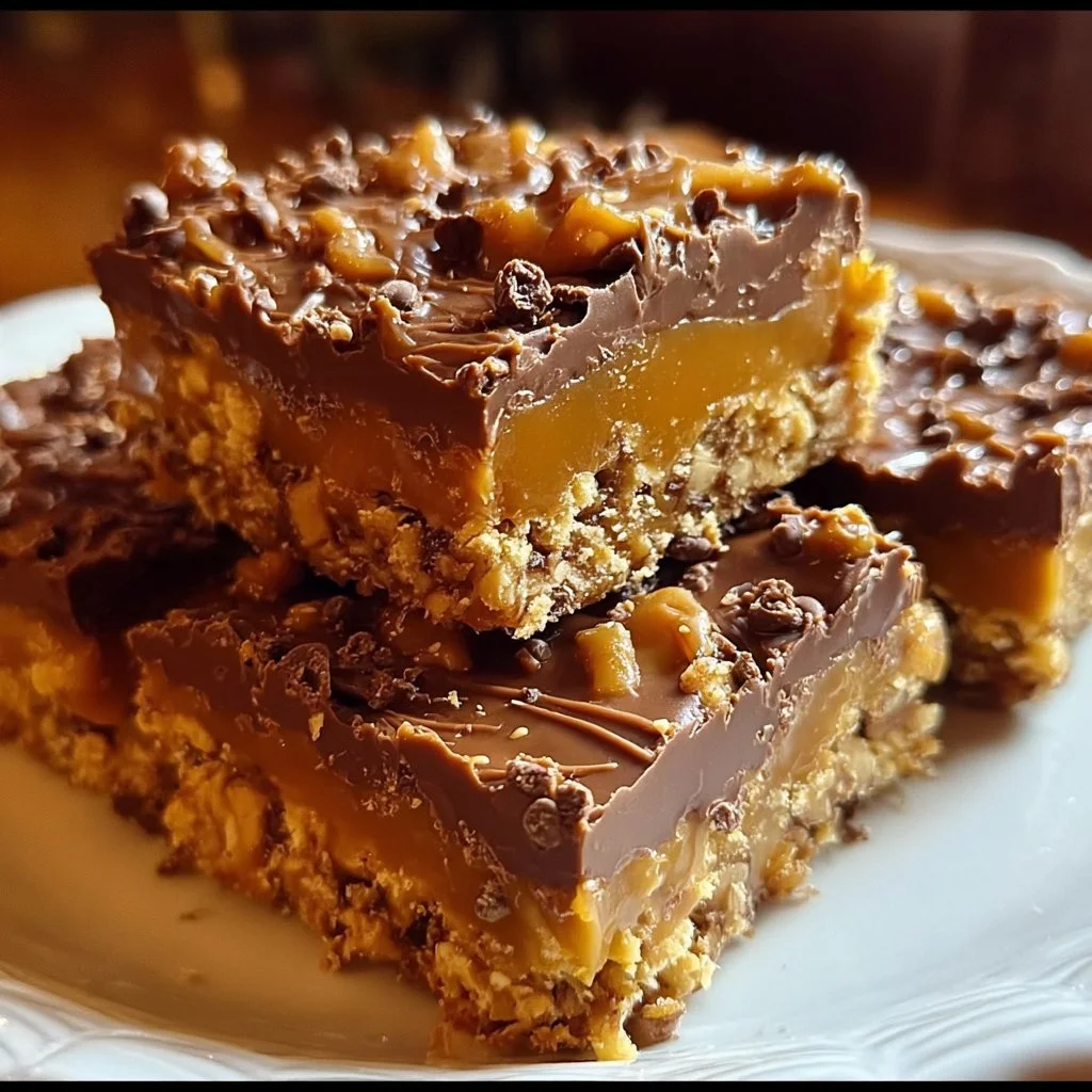 Delicious Butterfinger Caramel Crunch Bars with crunchy texture and caramel layer.