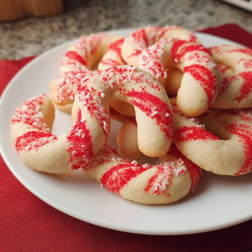Plate of homemade Candy Cane Cookies with festive red and white colors
