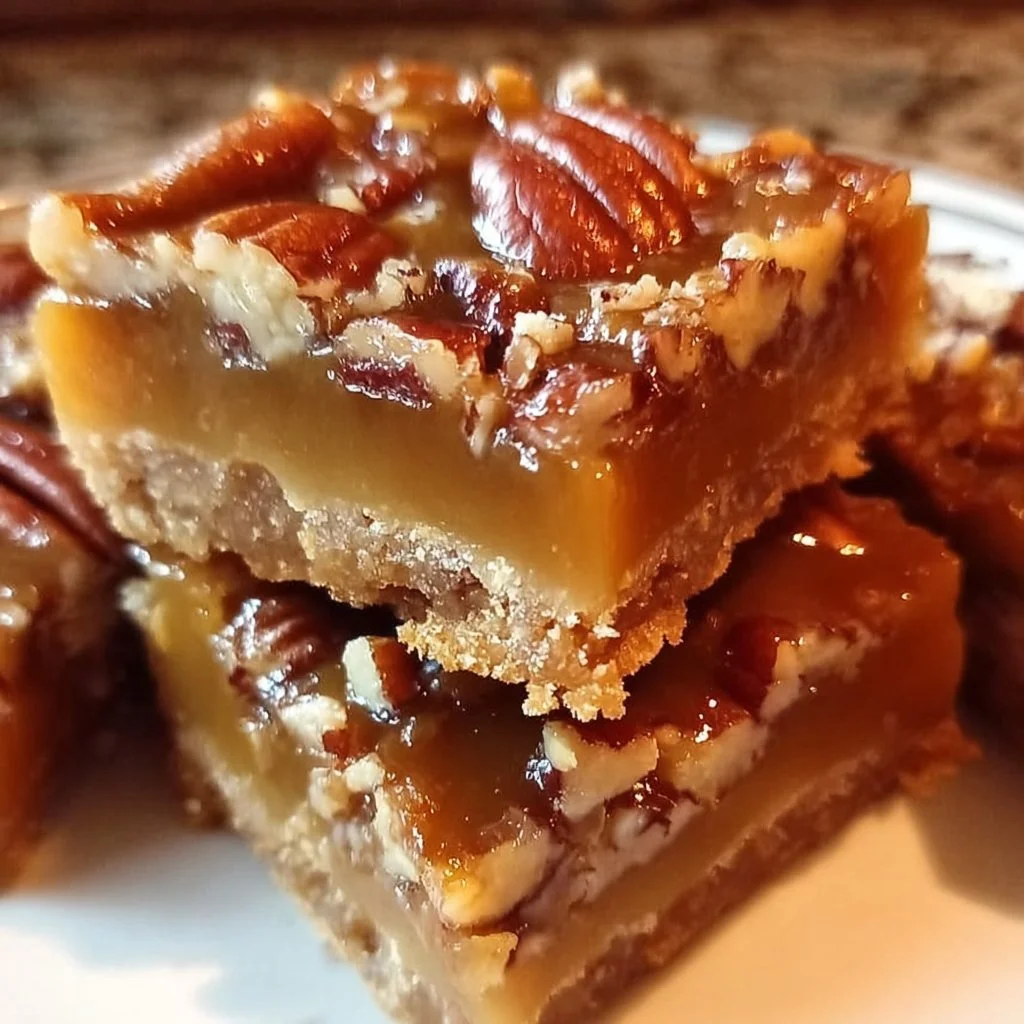 Caramel pecan dream bars topped with rich caramel and crunchy pecans