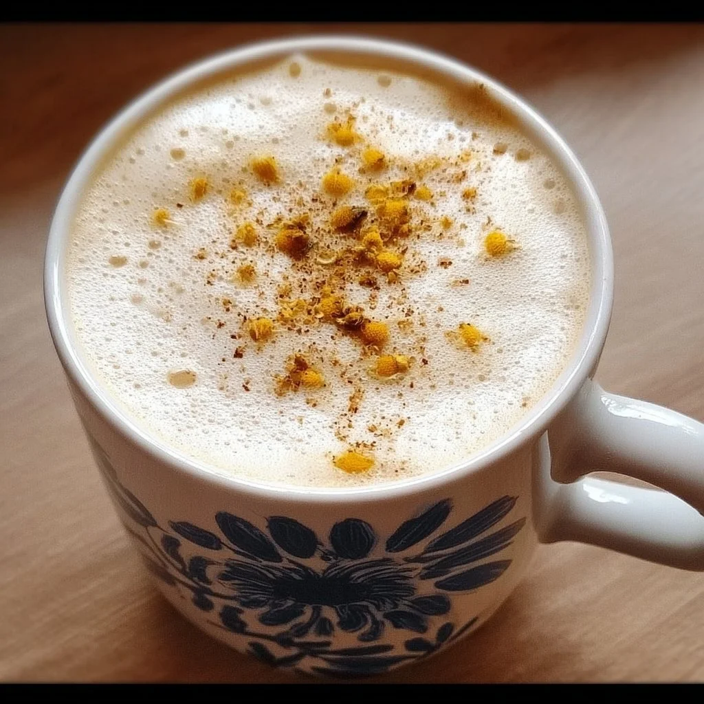 Chamomile and Honey Sleepytime Latte in a cozy setting with herbs and honey.