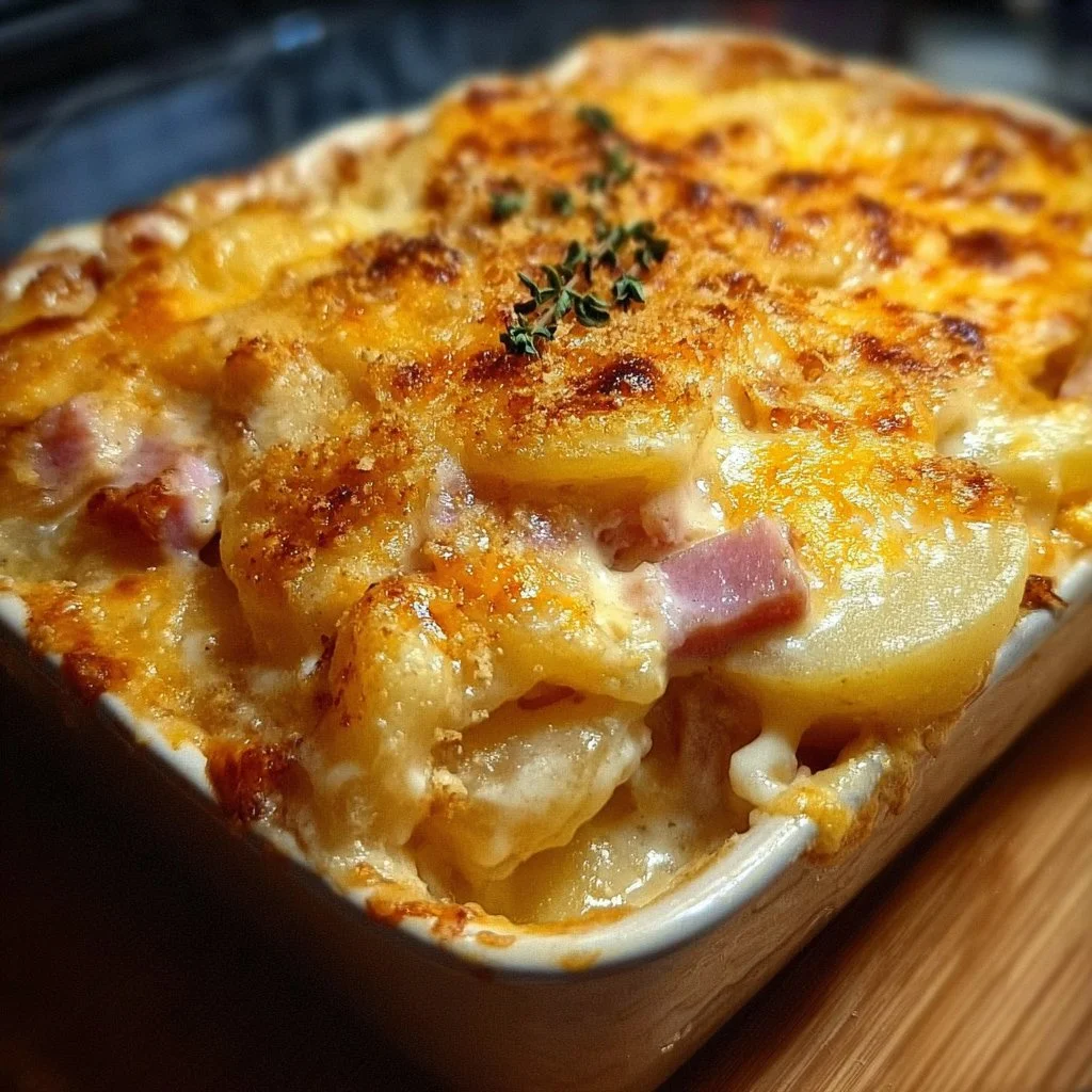 Cheesy ham and potato casserole baked to perfection