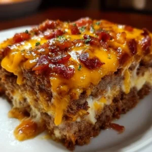 Cheesy loaded meatloaf casserole topped with melted cheese and herbs