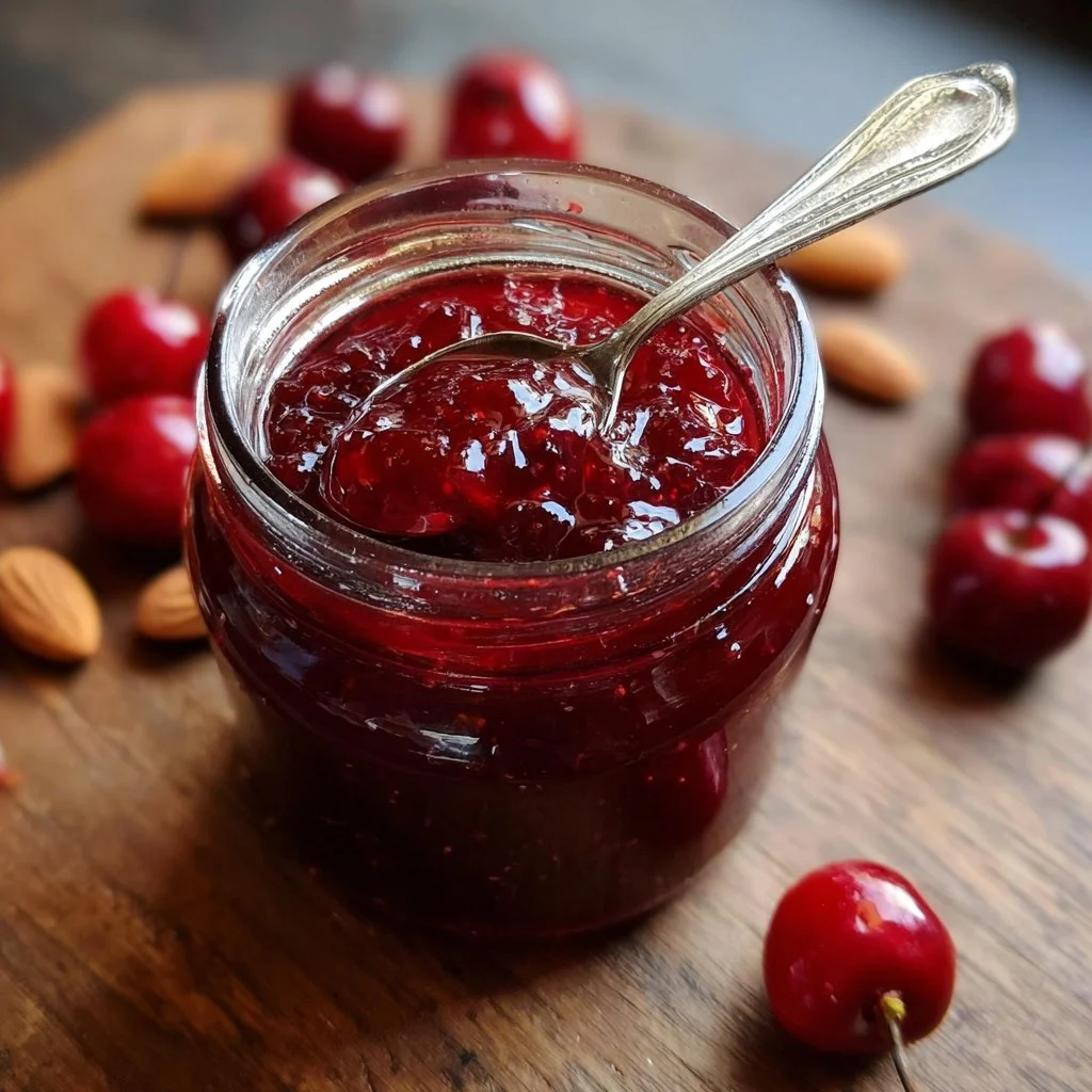 Jar of Cherry Amaretto Jam with almonds on a wooden table