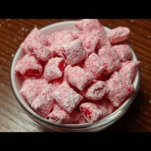 Bowl of Cherry Cheesecake Puppy Chow treats with cherries and cheesecake flavors