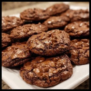 Chewy fudgy brownie mix cookies on a plate, a delicious dessert treat.