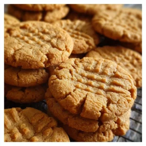 Freshly baked chewy peanut butter cookies on a wooden table