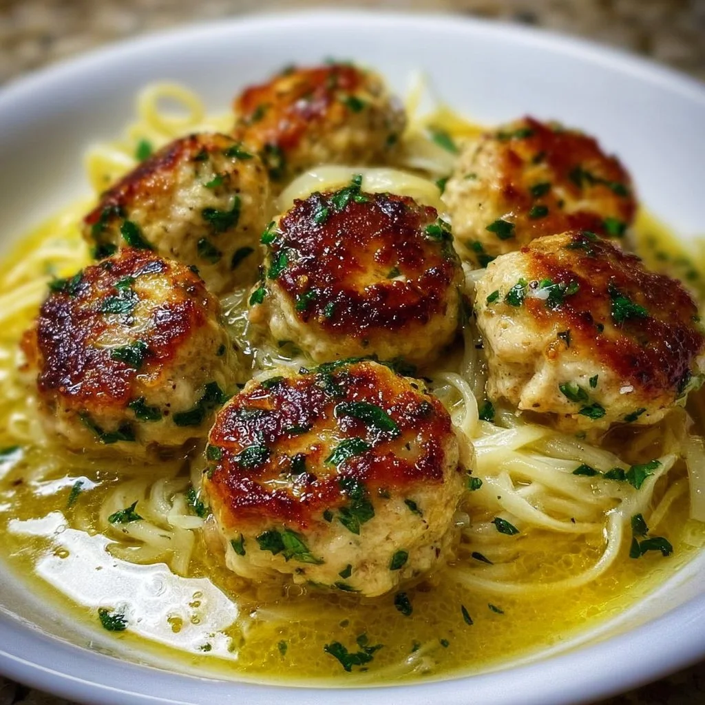 Delicious Chicken Piccata Meatballs served with lemon and capers.